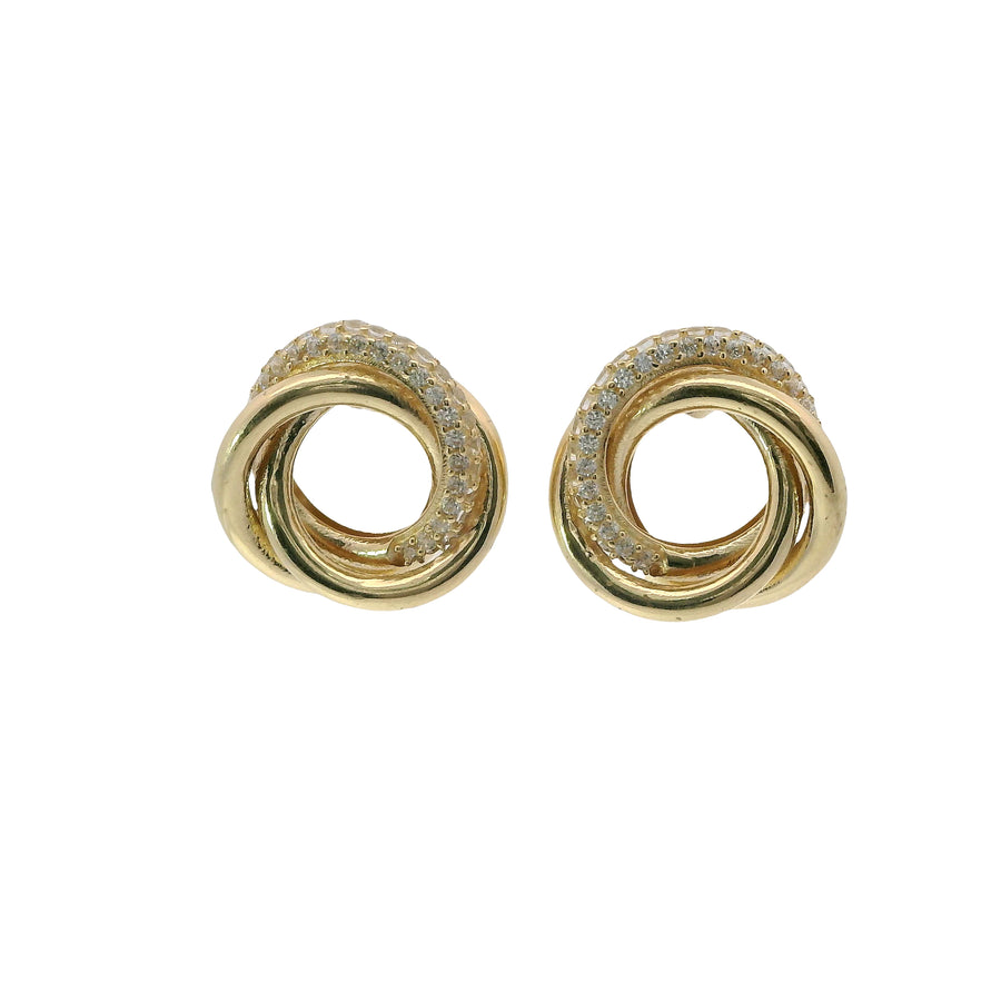 14KT Gold Earrings Medium Round Two Strand Open Center Interlocking White CZ Stones Rings with Push Back Post and Butterfly Backs