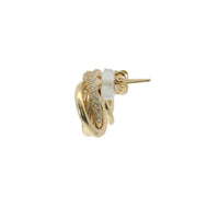 14KT Gold Earrings Medium Round Two Strand Open Center Interlocking White CZ Stones Rings with Push Back Post and Butterfly Backs