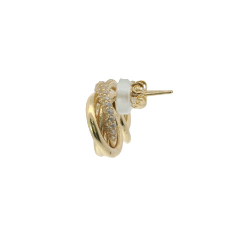 14KT Gold Earrings Medium Round Two Strand Open Center Interlocking White CZ Stones Rings with Push Back Post and Butterfly Backs