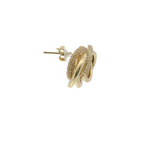 14KT Gold Earrings Medium Round Two Strand Open Center Interlocking White CZ Stones Rings with Push Back Post and Butterfly Backs