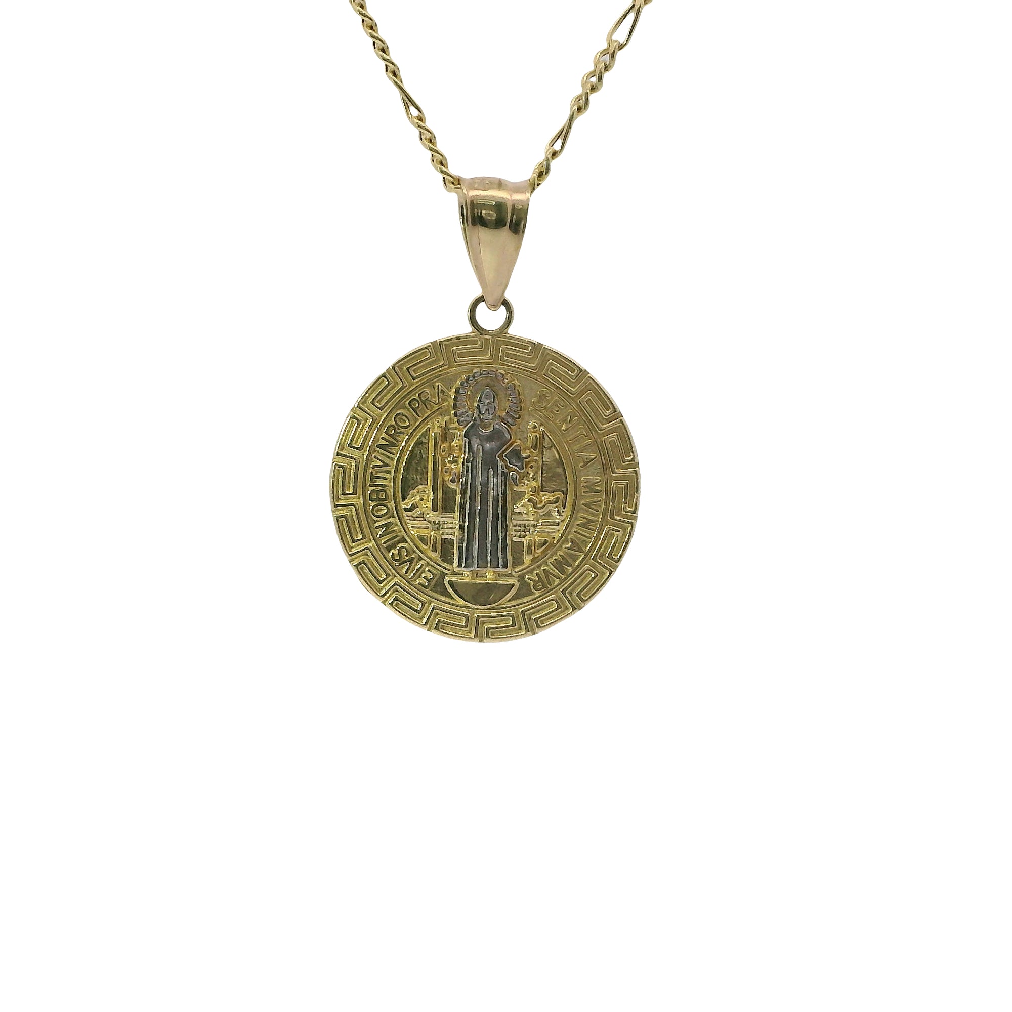 14KT Gold Charm Medium Round Two Tone St Benedict Coin with Greek Border and Plain Bell