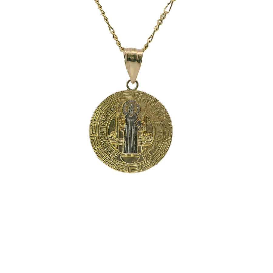 14KT Gold Charm Medium Round Two Tone St Benedict Coin with Greek Border and Plain Bell