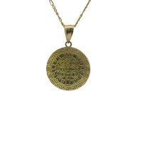 14KT Gold Charm Medium Round Two Tone St Benedict Coin with Greek Border and Plain Bell
