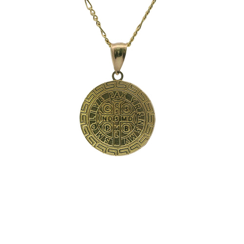 14KT Gold Charm Medium Round Two Tone St Benedict Coin with Greek Border and Plain Bell