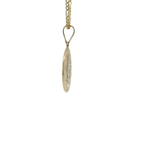14KT Gold Charm Medium Round Two Tone St Benedict Coin with Greek Border and Plain Bell