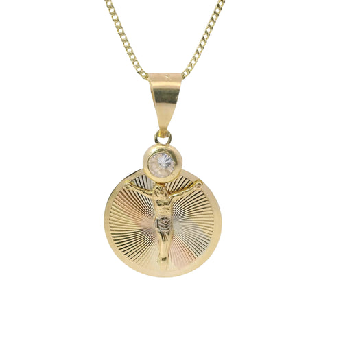 14KT Gold Charm Medium Tri Tone Oval Crucifix Sunray Coin with White CZ Stone Top and Plain Bell