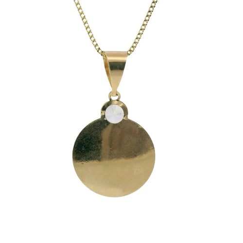 14KT Gold Charm Medium Tri Tone Oval Crucifix Sunray Coin with White CZ Stone Top and Plain Bell
