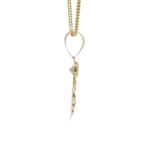 14KT Gold Charm Medium Tri Tone Oval Crucifix Sunray Coin with White CZ Stone Top and Plain Bell