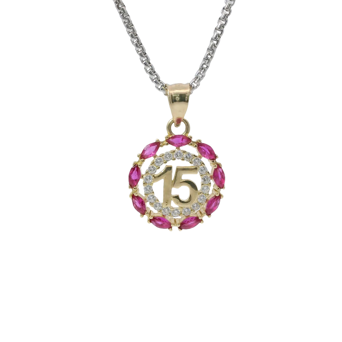 14KT Gold Charm Medium Round Quinceanera "15" Center with White CZ Stones Outline and Dark Pink Marquise Border and Plain Bell
