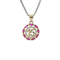 14KT Gold Charm Medium Round Quinceanera "15" Center with White CZ Stones Outline and Dark Pink Marquise Border and Plain Bell