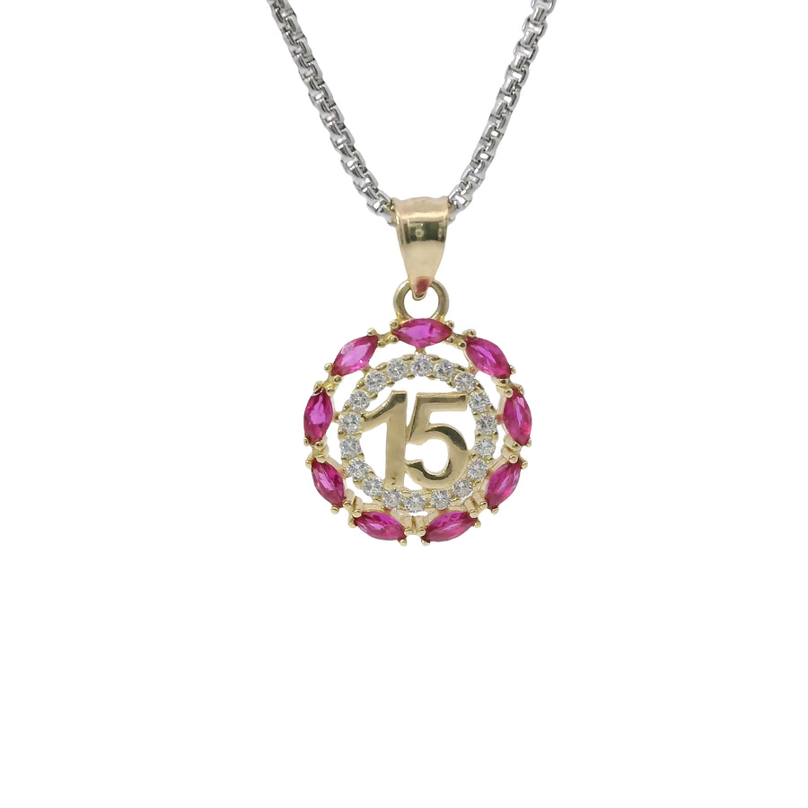 14KT Gold Charm Medium Round Quinceanera "15" Center with White CZ Stones Outline and Dark Pink Marquise Border and Plain Bell