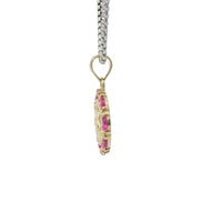 14KT Gold Charm Medium Round Quinceanera "15" Center with White CZ Stones Outline and Dark Pink Marquise Border and Plain Bell