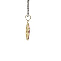 14KT Gold Charm Medium Round Quinceanera "15" Center with White CZ Stones Outline and Dark Pink Marquise Border and Plain Bell