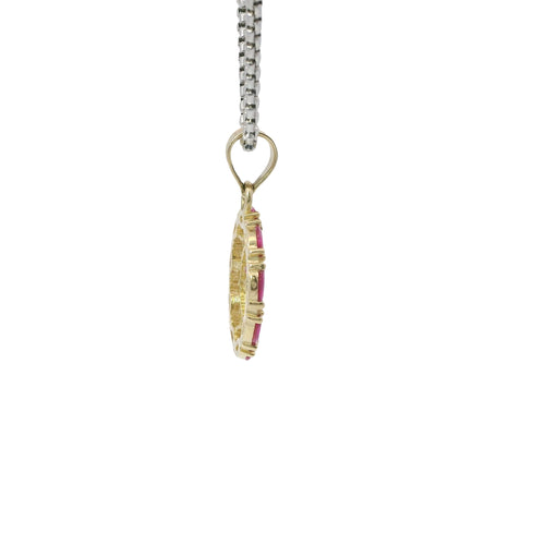 14KT Gold Charm Medium Round Quinceanera "15" Center with White CZ Stones Outline and Dark Pink Marquise Border and Plain Bell