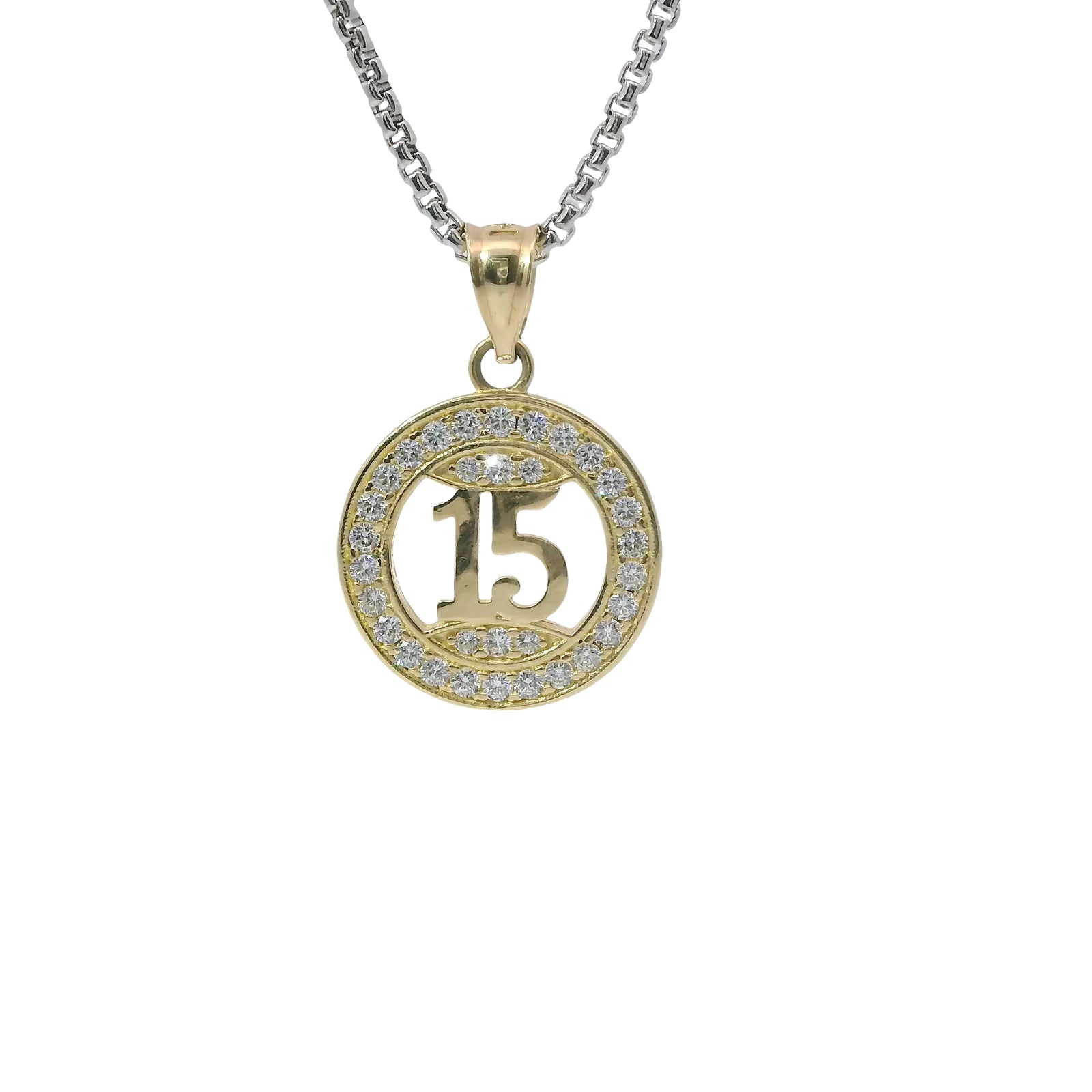 14KT Gold Charm Small Round Quinceanera "15" Open Center with White CZ Stone Outline Plain Bell