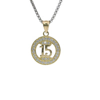 14KT Gold Charm Small Round Quinceanera "15" Open Center with White CZ Stone Outline Plain Bell