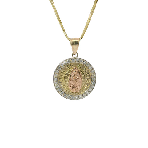 14KT Gold Charm Medium Round Two Tone Virgin Mary Quinceanera "15 Anos" Coin with White CZ Stones Border and Plain Bell