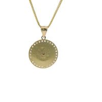 14KT Gold Charm Medium Round Two Tone Virgin Mary Quinceanera "15 Anos" Coin with White CZ Stones Border and Plain Bell