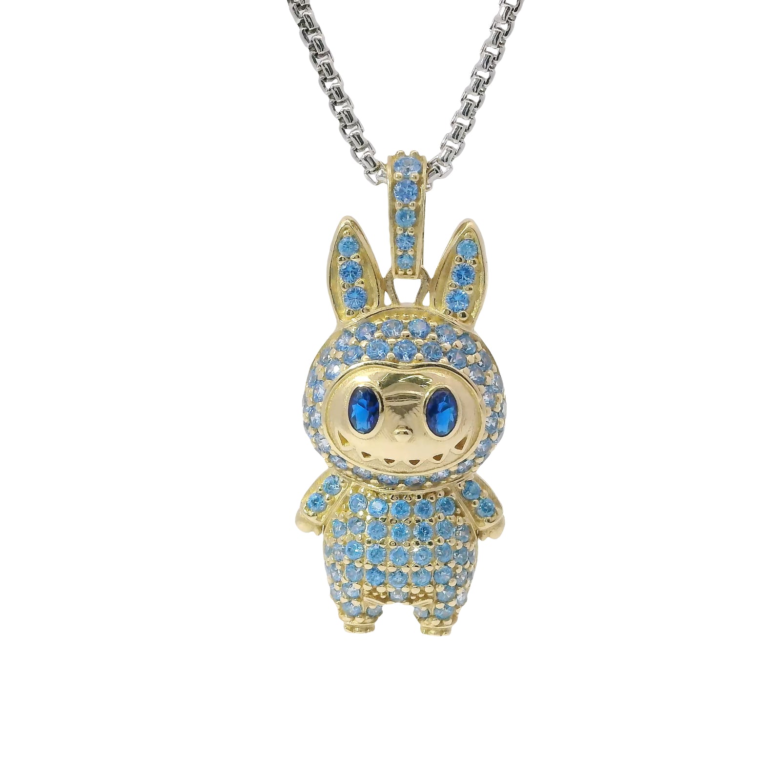 14KT Gold Charm Medium 3D Flat Back LaBuBu Navy Blue Oval CZ Stones Eyes, Light Blue CZ Stones Body and Bell