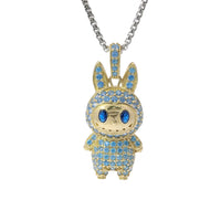 14KT Gold Charm Medium 3D Flat Back LaBuBu Navy Blue Oval CZ Stones Eyes, Light Blue CZ Stones Body and Bell