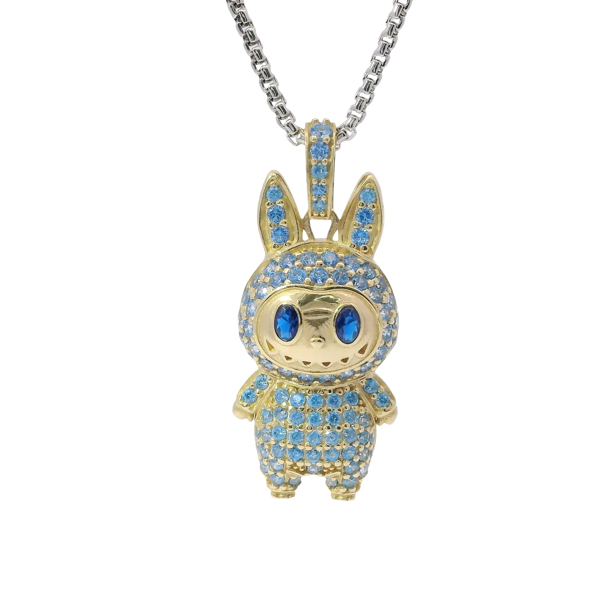 14KT Gold Charm Medium 3D Flat Back LaBuBu Navy Blue Oval CZ Stones Eyes, Light Blue CZ Stones Body and Bell
