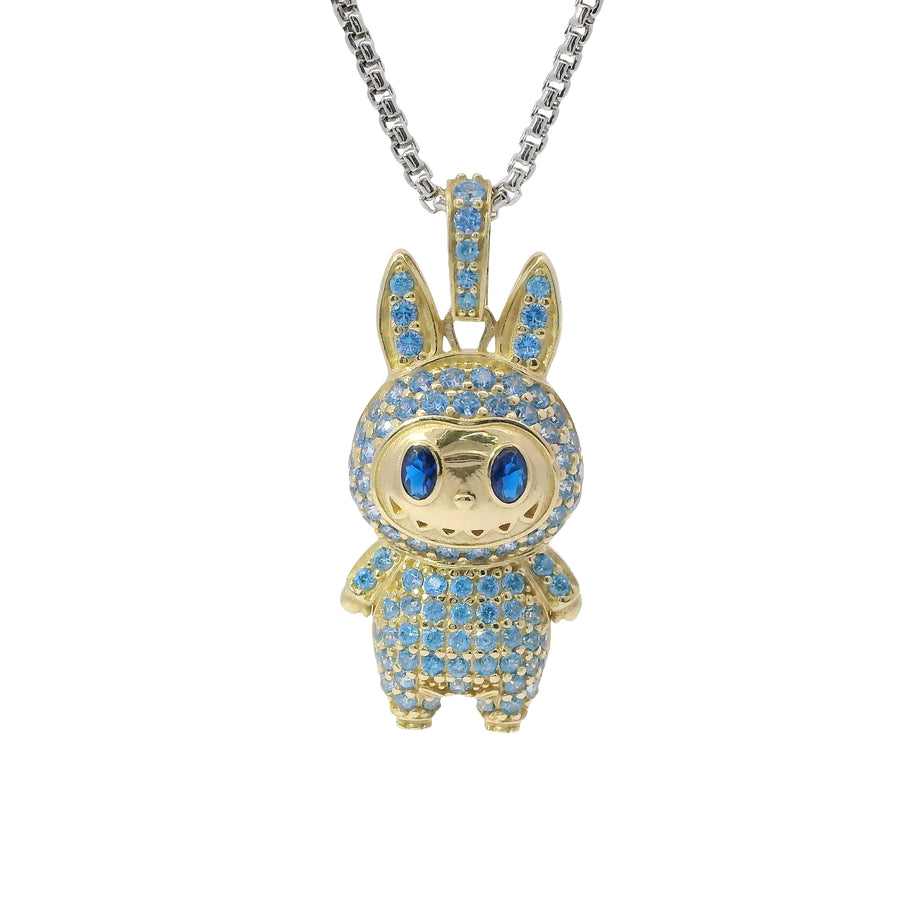 14KT Gold Charm Medium 3D Flat Back LaBuBu Navy Blue Oval CZ Stones Eyes, Light Blue CZ Stones Body and Bell