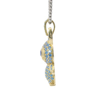 14KT Gold Charm Medium 3D Flat Back LaBuBu Navy Blue Oval CZ Stones Eyes, Light Blue CZ Stones Body and Bell