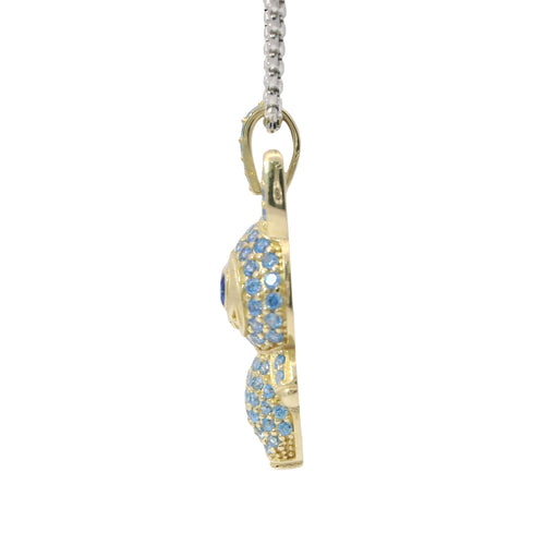 14KT Gold Charm Medium 3D Flat Back LaBuBu Navy Blue Oval CZ Stones Eyes, Light Blue CZ Stones Body and Bell