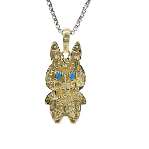 14KT Gold Charm Medium 3D Flat Back LaBuBu Navy Blue Oval CZ Stones Eyes, Light Blue CZ Stones Body and Bell