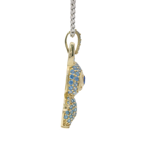 14KT Gold Charm Medium 3D Flat Back LaBuBu Navy Blue Oval CZ Stones Eyes, Light Blue CZ Stones Body and Bell