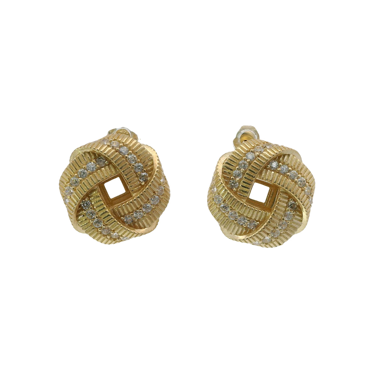 14KT Gold Earrings Medium Flat Four Ribbon Strand White CZ Stones Zipper Edge Knot with Plain Borders, Push Back Post, and Butterfly Backs