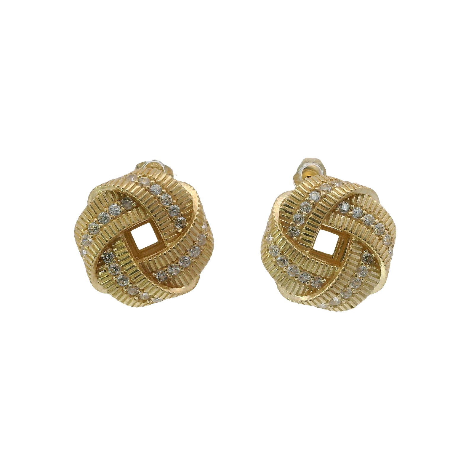14KT Gold Earrings Medium Flat Four Ribbon Strand White CZ Stones Zipper Edge Knot with Plain Borders, Push Back Post, and Butterfly Backs