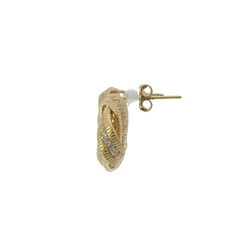 14KT Gold Earrings Medium Flat Four Ribbon Strand White CZ Stones Zipper Edge Knot with Plain Borders, Push Back Post, and Butterfly Backs
