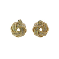 14KT Gold Earrings Medium Flat Four Ribbon Strand White CZ Stones Zipper Edge Knot with Plain Borders, Push Back Post, and Butterfly Backs