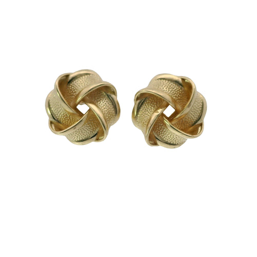 14KT Gold Earrings Medium Flat Four Ribbon Strand Plain Zipper Edge Knot with Plain Borders, Push Back Post, and Butterfly Backs