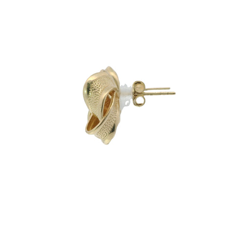 14KT Gold Earrings Medium Flat Four Ribbon Strand Plain Zipper Edge Knot with Plain Borders, Push Back Post, and Butterfly Backs