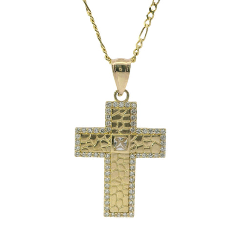14KT Gold Charm Medium Nugget Cross with Square White CZ Stone Center, Round White CZ Stones Border, and Plain Bell
