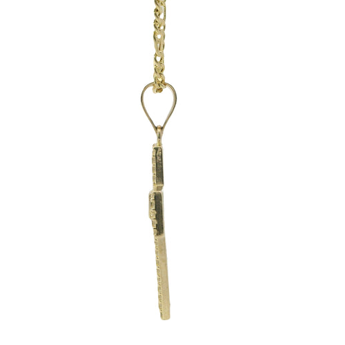 14KT Gold Charm Medium Nugget Cross with Square White CZ Stone Center, Round White CZ Stones Border, and Plain Bell