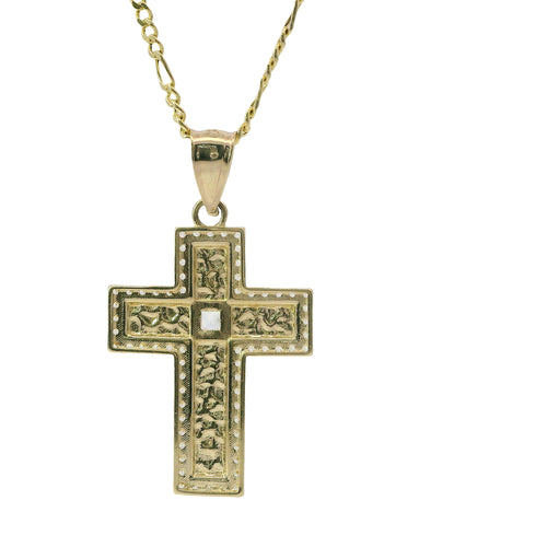 14KT Gold Charm Medium Nugget Cross with Square White CZ Stone Center, Round White CZ Stones Border, and Plain Bell