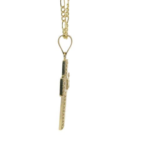 14KT Gold Charm Medium Nugget Cross with Square White CZ Stone Center, Round White CZ Stones Border, and Plain Bell