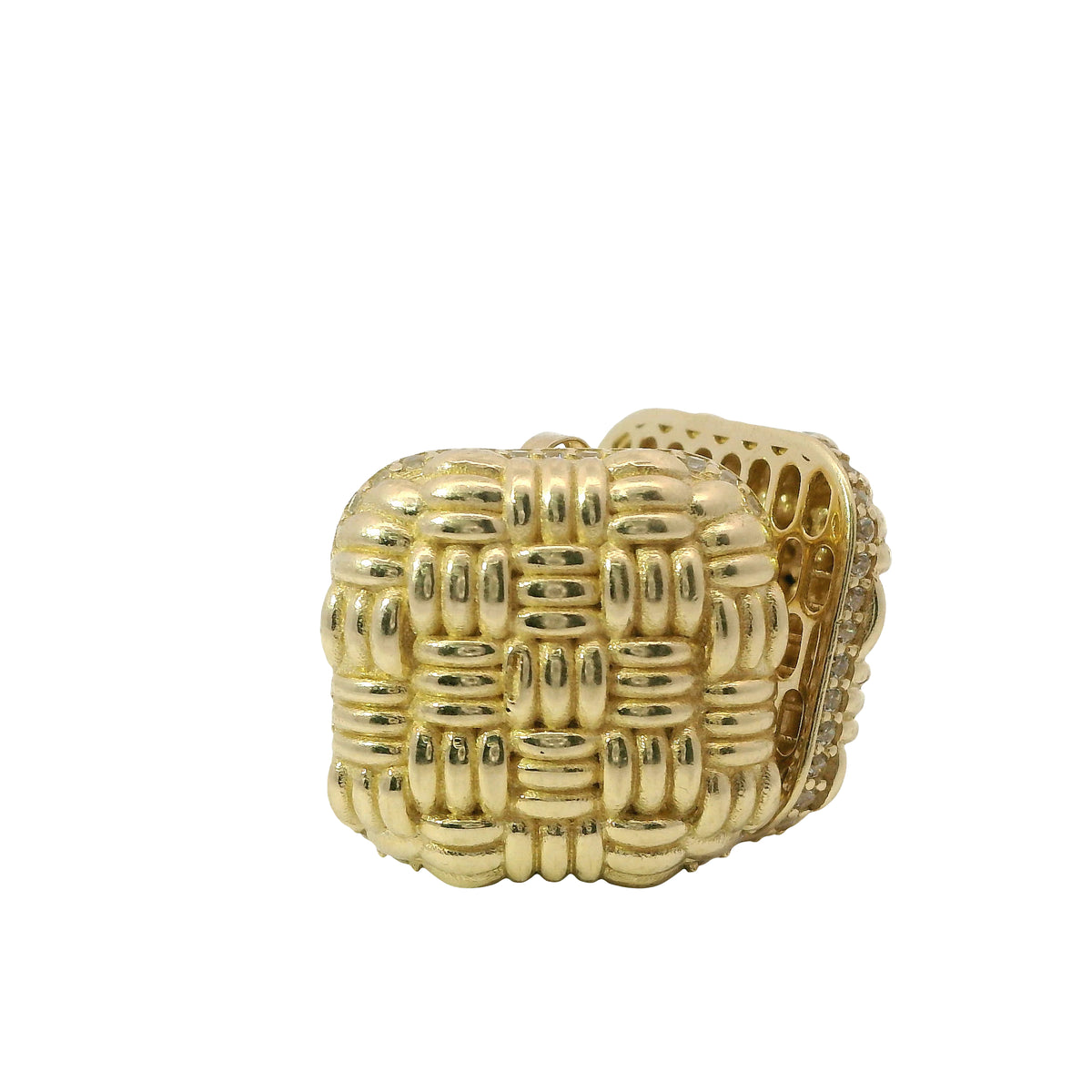 14KT Gold Earrings Large Puff Basket Weave Square with White CZ Stones Edge, Push Back Post, and Butterfly Backs