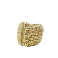 14KT Gold Earrings Large Puff Basket Weave Square with White CZ Stones Edge, Push Back Post, and Butterfly Backs