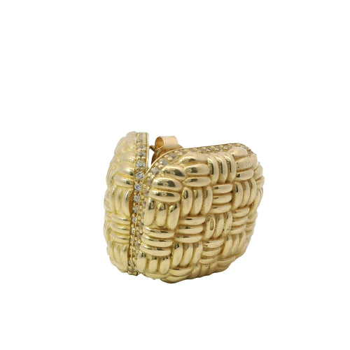 14KT Gold Earrings Large Puff Basket Weave Square with White CZ Stones Edge, Push Back Post, and Butterfly Backs
