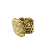 14KT Gold Earrings Large Puff Basket Weave Square with White CZ Stones Edge, Push Back Post, and Butterfly Backs