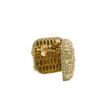 14KT Gold Earrings Large Puff Basket Weave Square with White CZ Stones Edge, Push Back Post, and Butterfly Backs