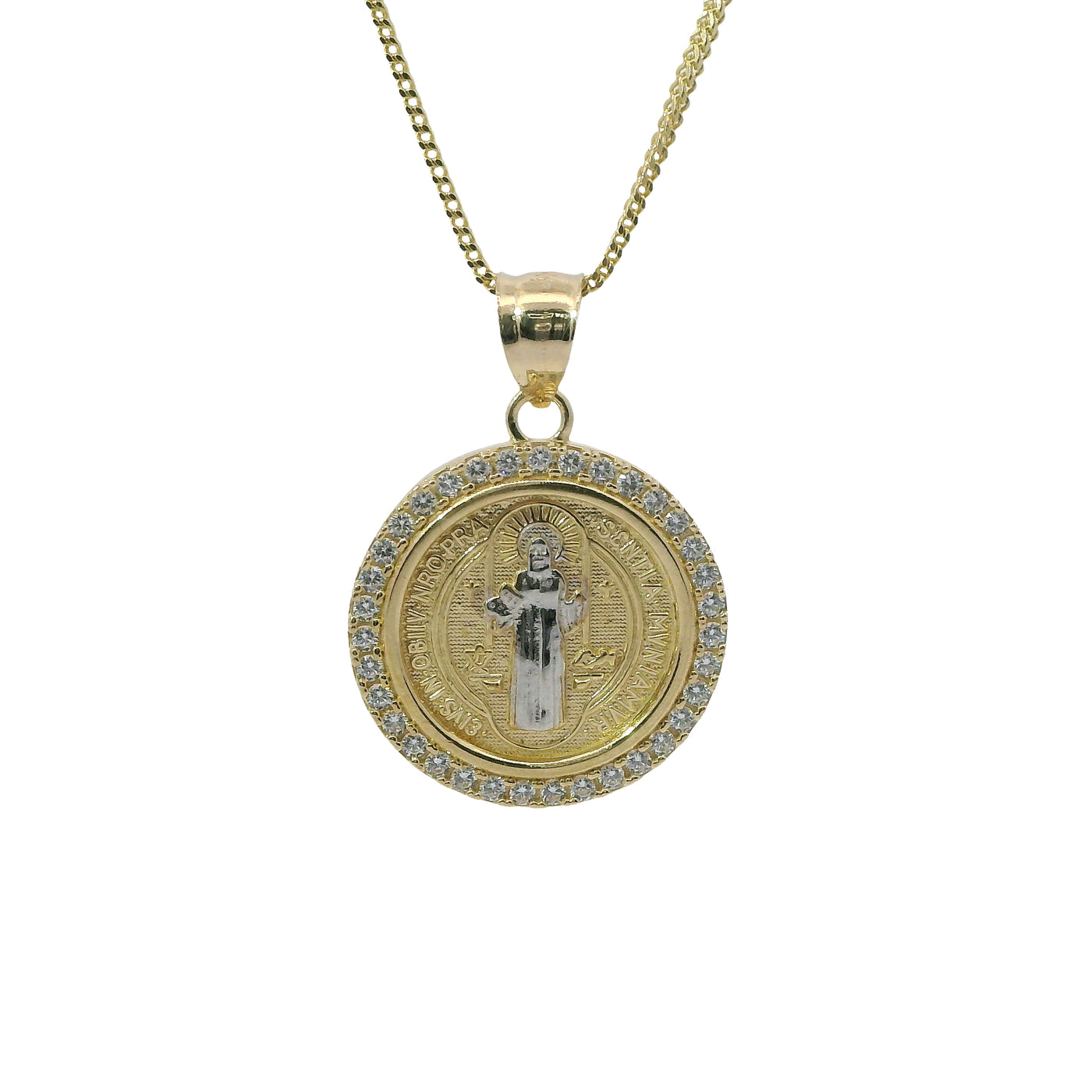 14KT Gold Charm Medium Round Two Tone St Benedict Coin with White CZ Stones Border and Plain Bell