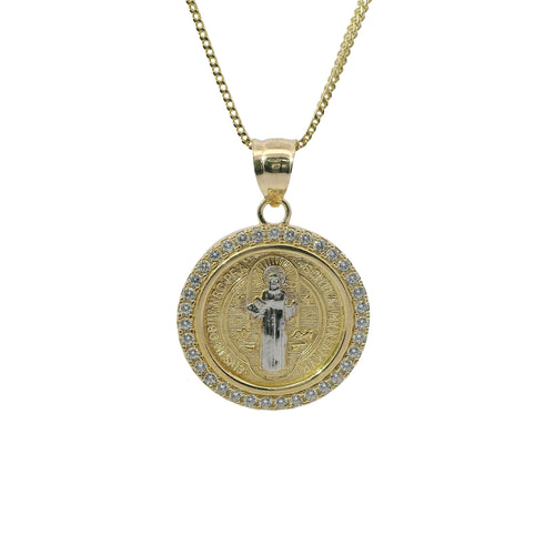 14KT Gold Charm Medium Round Two Tone St Benedict Coin with White CZ Stones Border and Plain Bell