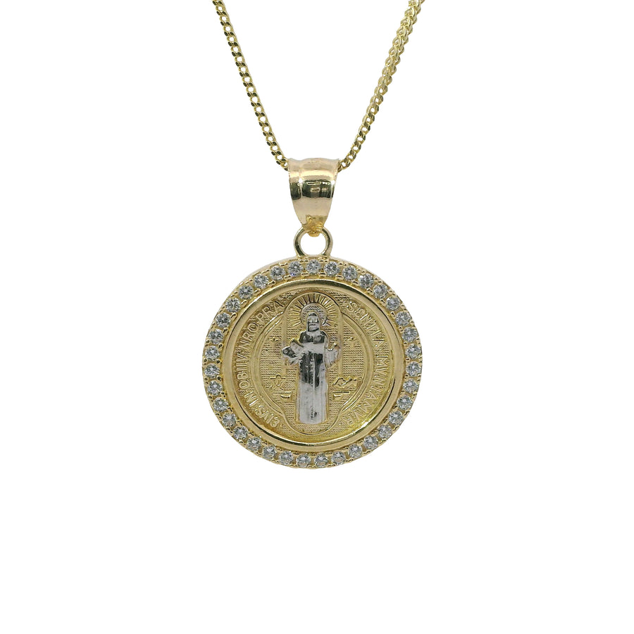 14KT Gold Charm Medium Round Two Tone St Benedict Coin with White CZ Stones Border and Plain Bell