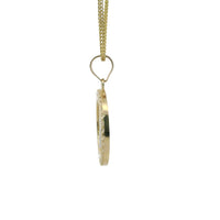 14KT Gold Charm Medium Round Two Tone St Benedict Coin with White CZ Stones Border and Plain Bell
