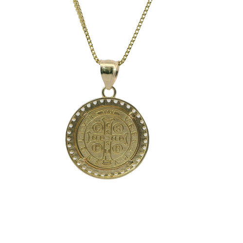 14KT Gold Charm Medium Round Two Tone St Benedict Coin with White CZ Stones Border and Plain Bell